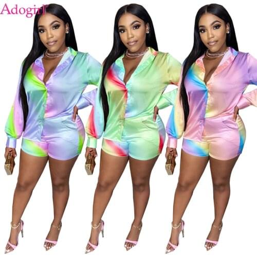 Adogirl Faux Silk Changing Color Two Piece Set Long Sleeve Shirt Top And Shorts Women Fashion Autumn Suit Casual Outfits