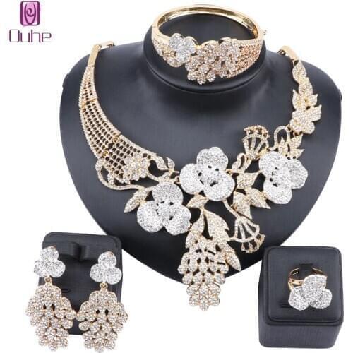Fashion Crystal Statement Necklace Bangle Ring Earring For Women Indian Bridal Wedding Accessories Decoration Jewelry Sets