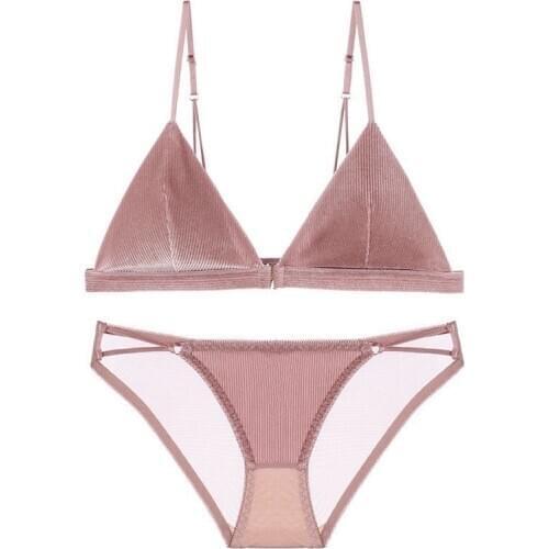 Sexy Velvet Front Open 1/3 Cup Breathable Bra Set Removable Paded Simple Triangle Cup Underwear with Panties Suit