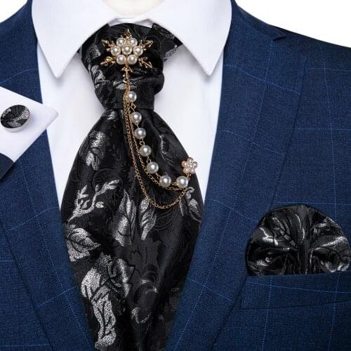 Mens Cravat Tie Silk Paisley Floral Luxury Quality Black Gold Ascot Tie Brooch Set Male Wedding Party Suit Dress Vest Homme