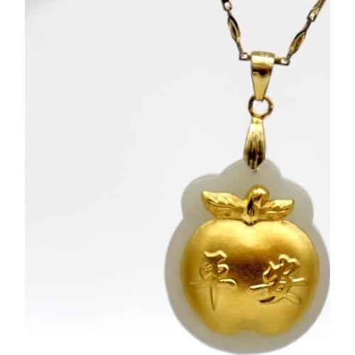 Natural Chinese Hetian White Jade Pendant Mosaic Apple Gold Beautiful Jewelry Necklace Carving Ping An Fruit Charm Safety Amulet