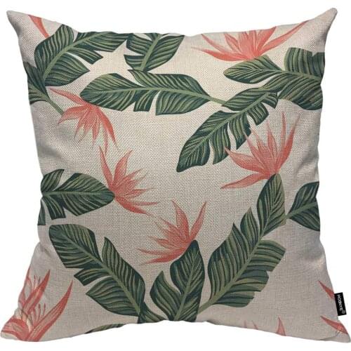 Palm Trees Cotton Linen Throw Pillow Case Flowers Bird of Paradise Beach Cheerful Tropical Dark Green Leaves Pillow Cushion
