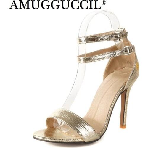 Plus Big Size 32-46 Black Gold Silver Buckle Fashion Sexy High Heel Summer Female Ladies Women Sandals L949