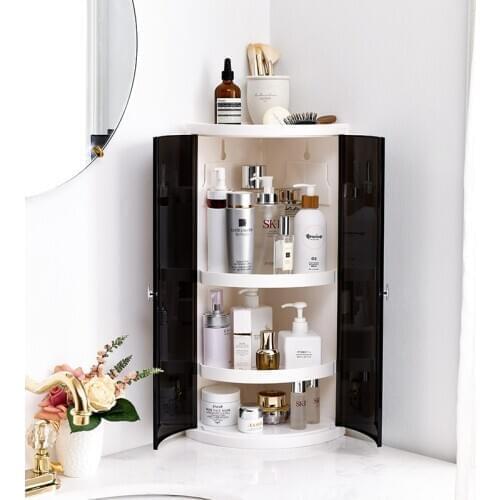 Waterproof Corner Shelf with Door Plastic Triangle Shower Organizer Bathroom Kitchen Stuff Makeup Bath Room Storage Rack Plastic