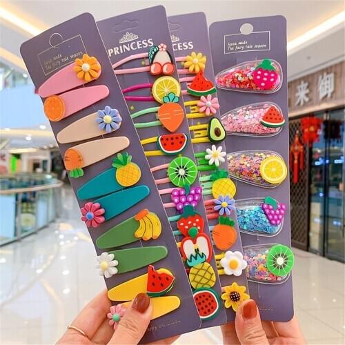 1Set Girls Cute Cartoon Fruits Flower Hairpins Hair Clips Headband Children Barrettes Lovely Fashion Drift Sand Hair Accessories