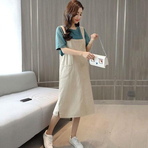 Womens Summer Suspender Dress Set 2021 New Loose Plus Size Short Sleeve T-shirt And Strap Dress Two Piece Set Casual aq356