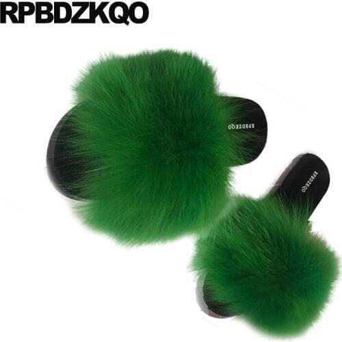 Women Sandals Flat Casual With Fur Summer Fluffy Cheap Shoes Comfortable Slides Green Open Toe Furry Designer 2018 Slip On