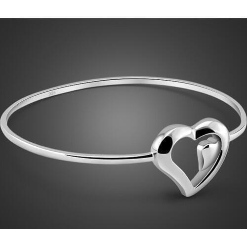 Female 925 sterling silver bracelet bangle fashion charm heart design solid silver bracelet women best Free Shipping