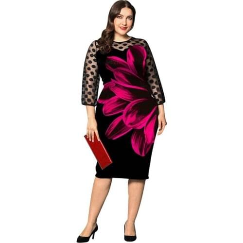 Woman Dress 2021 Spring Casual Plus Size Slim Mesh Patchwork Office Pencil Bodycon Dresses Elegant Sexy Print Long Party Dress