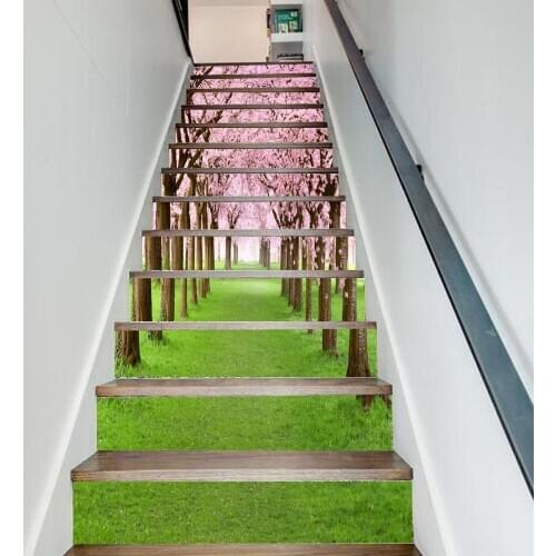 13Pcs/Set DIY 3D Stairway Pink Flowers Woods Stairs Stickers Fall Floor Wall Decor Decals Sticker Living Room Decoration