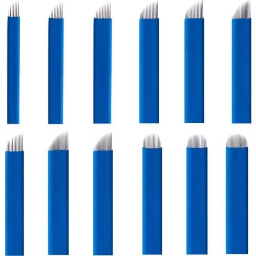 50pcs Blue Microblading Pin 0.18mm Blades Needles Tattoo Needles Permanent Makeup Needle 7 9 12 14 17 21 Manual Eyebrow Blades