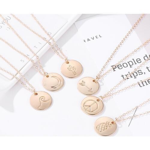 6 Patterns Cartoon Wave Moon Pineapple Peace Plane Arrow Cactus Metallic Wafer Golden Necklace For Women