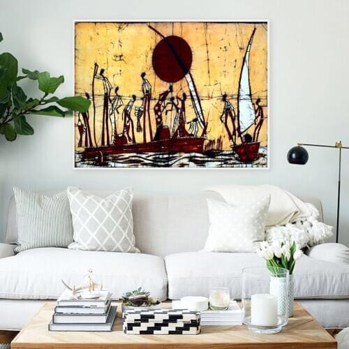 Abstract African Figure Sailboat Landscape Oil Painting on Canvas Posters and Prints Cuadros Art Wall Picture for Living Room