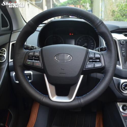BANNIS Hand-stitched Black Leather Car Steering Wheel Cover for Hyundai ix25 2014 2015 2016