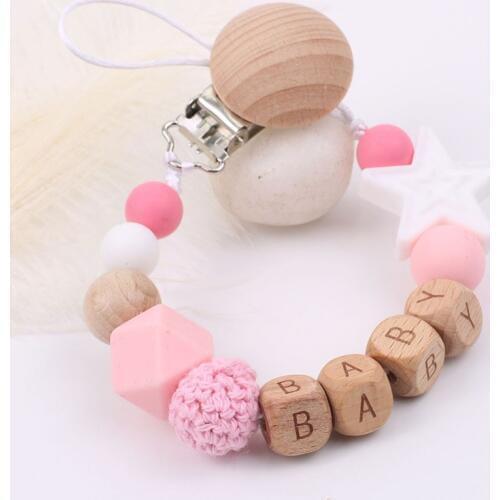 Custom Name Baby Pacifier Clip Chains Beech Wood Bead Star Silicone Beads Soother Chain Baby Teether Toy Nipple Holder