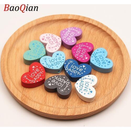 Handmade I Love DADDY Wooden Beads 10Pcs/Lot Heart Shape Spacer Beads For jewelry Making DIY Pacifier clip Toys 23*29mm