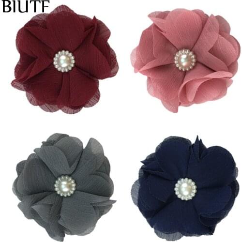 10pcs/lot 2.4 inch Fabric Chiffon Flower with Round Pearl Bead You Pick Color Flower High Quality Hair Accessories TH305