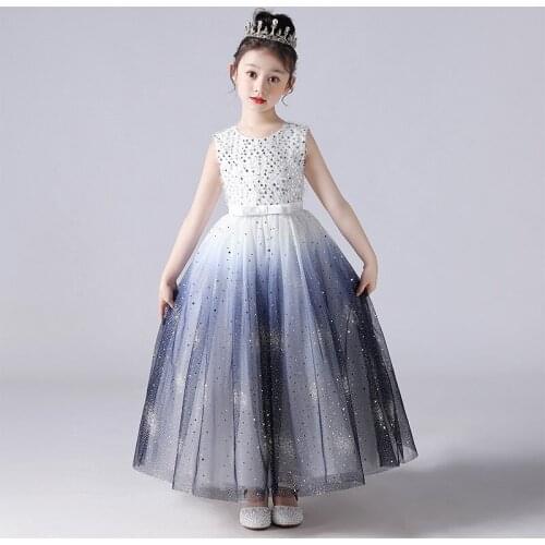 Children Dress 2021 Summer New Little Girl Host Dresses For Girls Princess Dresses Piano Gradient Dark Blue Catwalk Long Dresses