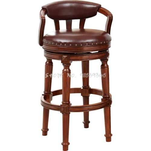 European Style Solid Wood Bar Chair Domestic High Stool Bar Stool Back Rotation Luxury American Style Retro Leather Bar Chair