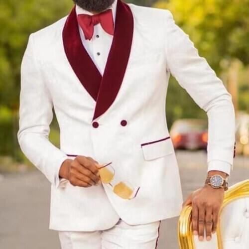 White Floral Jacquard Causal Men Suits with Double Breasted Burgundy Velvet Lapel Slim fit 2 piece Wedding Groom Tuxedo Fashion