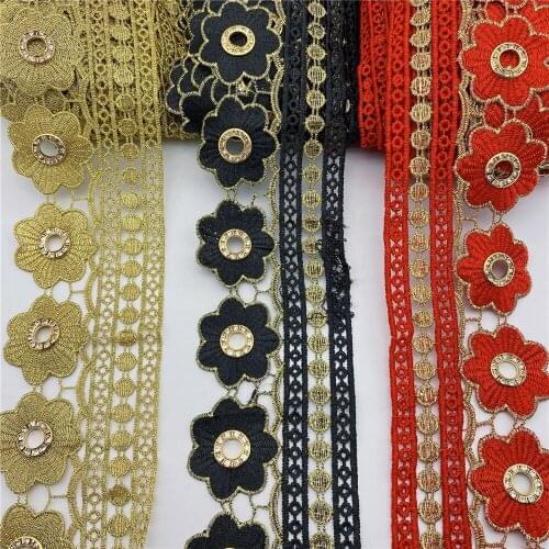 Fancy design polyester chemical gold thread rhinestone embroidery lace for dress