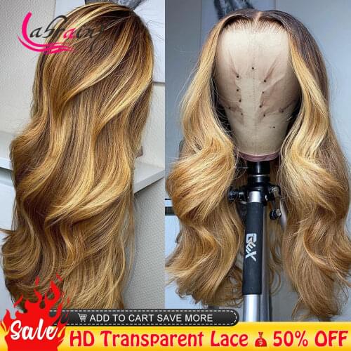 HD Transparant 13X6 Highlight Human Hair Lace Frontal Wigs Body Wave Lace Front Honey Blonde Pre Plucked Bleached Knots Wigs