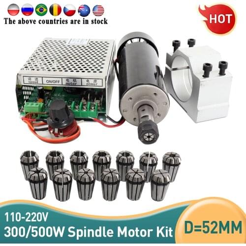 0.3KW Air cooled spindle ER11 chuck CNC 300W 500W Spindle Motor 52MM clamps Power Supply speed governor For PCB Engraving