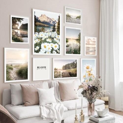 Spring Flower Lake Nordic Prints And Posters Canvas Painting Sunset Nature Landscape Scandinavian Canvas Wall Art Pictures Decor