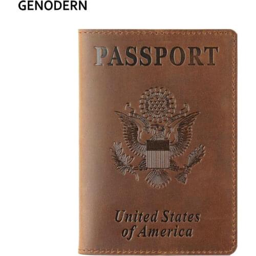 GENODERN Vintage Passport Cover for USA Passport Crazy Horse Leather America Passport Holder Travel Wallet Card Holders