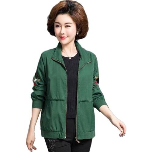 High Quality Women Jacket Spring Embroidered Stand Collar Short Coat Middle-aged Mother Casual Cotton Windbreaker Plus Size 5XL