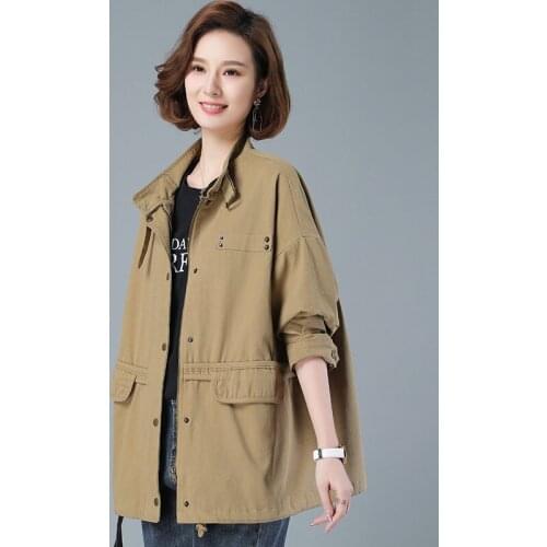 Retro Stand Collar Korean Loose Leisure Tooling Windbreaker Jacket Plus Size Womens Spring 2021 Short Coat Mujer Chaqueta zh611