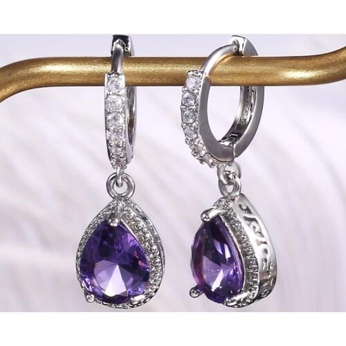 Gorgeous Water Drop Shape Purple Cubic Zirconia Drop Earrings for Women Evening Party Elegant Accessories Classic Jewelry