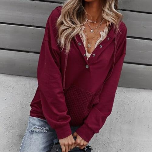 Womens Hooded Sweater Autumn Solid Color Deep V-Neck Long Sleeve Single Row Button Pullover Knit Cardigan Top 2021 Casual
