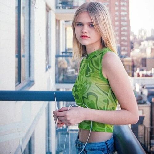 2021Summer Knit Crop Top Heart Print Slim Women Sleeveless Round Neck T-shirt for Dating Green Vest Slim Render Short Top