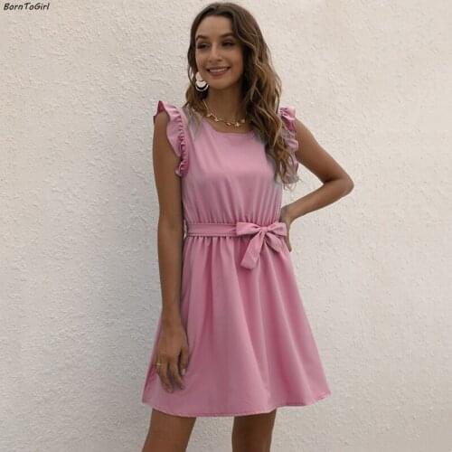 BornToGirl Summer Autumn Chiffon Dress Women Casual Sleeveless O-Neck White Blue Purple Pink Ruffles Dress robe femme ete 2021