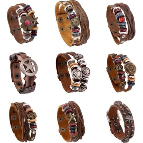 ZIMNO Gothic Gypsy Hippie Men Brown Leather Rope Cord Wing Skeleton Cross Flower Charm Wrap Bracelets for Women Punk Jewelry