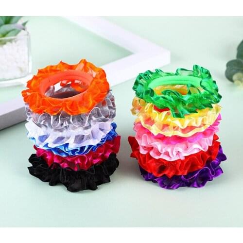 20Pcs Scrunchie Chiffon Ruffle Lace Hair Ring Polyester Japanese Cute Flower Headdress Hairband Elastics Rubber Bands