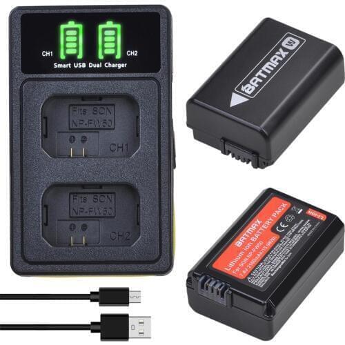 2Pcs 2160mAh NP FW50 NPFW50 NP-FW50 Battery + LED Built-in USB Charger for Sony A6000 Battery A6400 A6300 A6500 A7 A7II A7RII A7