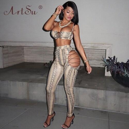 ArtSu Snake Print Lace Up Sexy Two Piece Set Women Cami Crop Top And Skinny Pants Bandage Club Party Chandal Mujer Invierno 2020