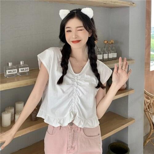White Pleated Drawstring Short-sleeved T-shirt Womens Summer New Korean Version of The Slim and Thin All-match Crop Top