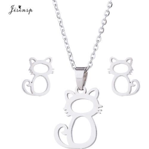 Jisensp Lovely Design Hollow Cat Stainless Steel Jewelry Sets Cute Kitty Charm Necklace Earrings for Women Girls Birthday Gift