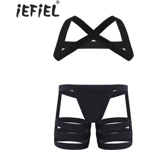 Men Stretchy Strappy Lingerie Suit Elastic Shoulder Chest Muscle Harness Belt with Bulge Pouch G-string Sissy Night Costume