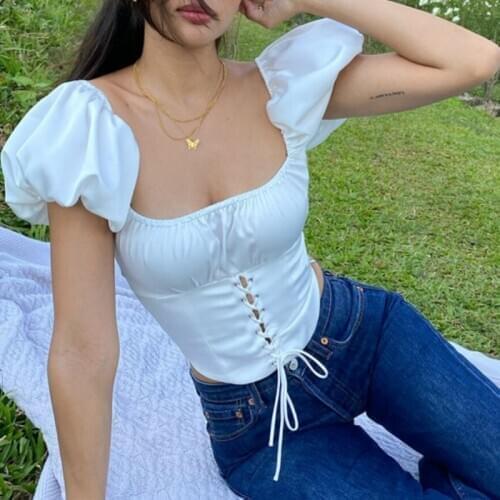 Musuos Women Crop Top Summer Fashion Short Puff Sleeve Pullovers Sexy Casual Stylish Solid Square Collar Lace-up Shirt Tops 2021