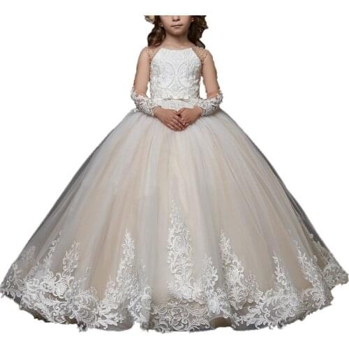 Handmade Lace Flower Girl Dresses First Communion Wedding Party Little Bride Dress Kids Pearls Long Sleeve Girls Pageant Gown