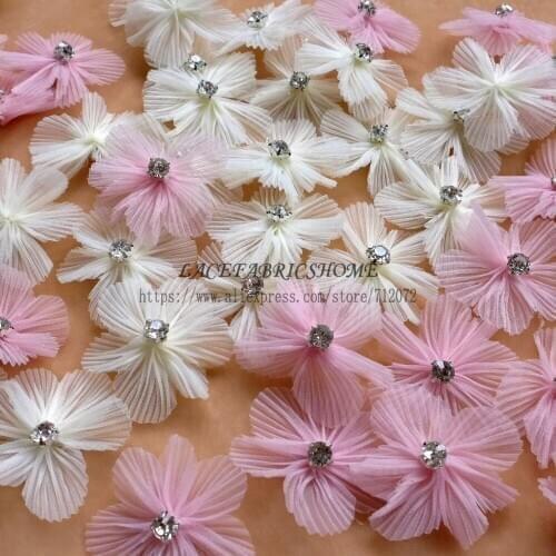 La Belleza Ivory/pink pleat organza 3D flowers 5cm/2 inches diameter 50PC/lot