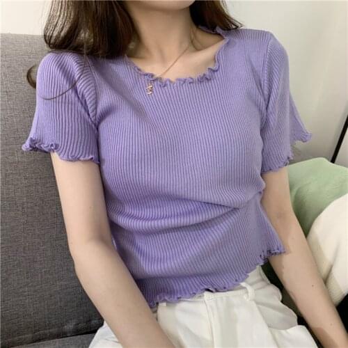 Summer Short Sleeves Female T Shirt Pure Candy Color Agaric Edge Slim Elegant Short Tops Fashion Women Clothing Wholesale