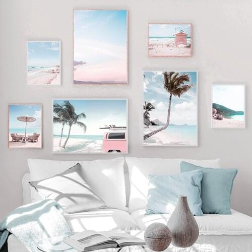 Sea Beach Coconut Tree Sky Cloud Bus Chair Lake Wall Art Canvas Painting Nordic Posters And Prints Wall Pictures For Living Room