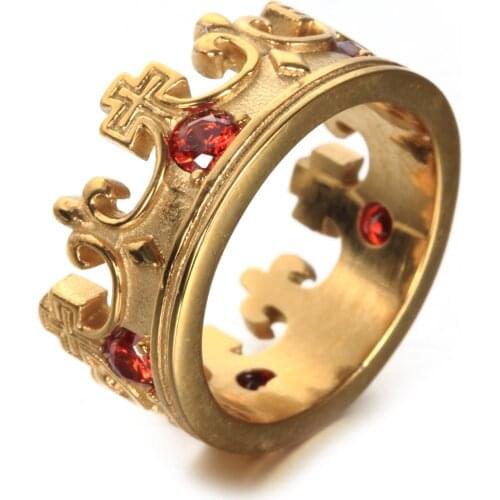 Fashion mens stainless steel ring vintage red stone crown titanium steel ring gift