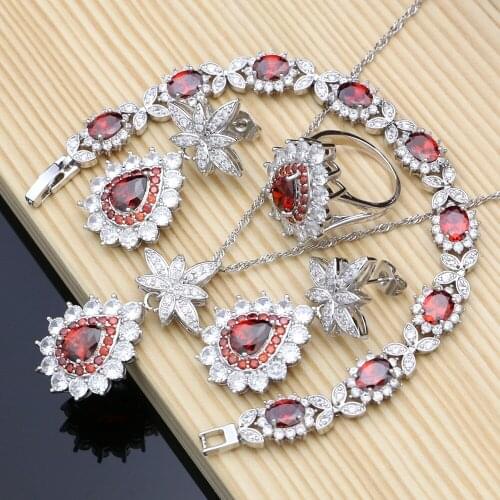Costume Jewelry Kits Red CZ Crystal 925 Sterling Silver Jewelry Set For Women Earrings/Pendant/Ring/Bracelets/Necklace Sets