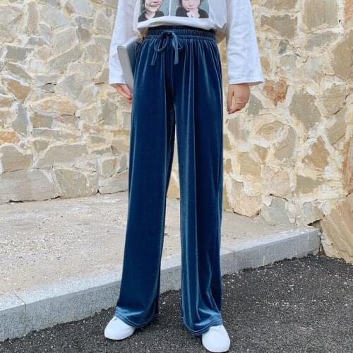High Waist Solid Long Loose Straight Trousers Femme Korean Fashion Velour Wide Leg Pants for Women Autumn Winter Casual